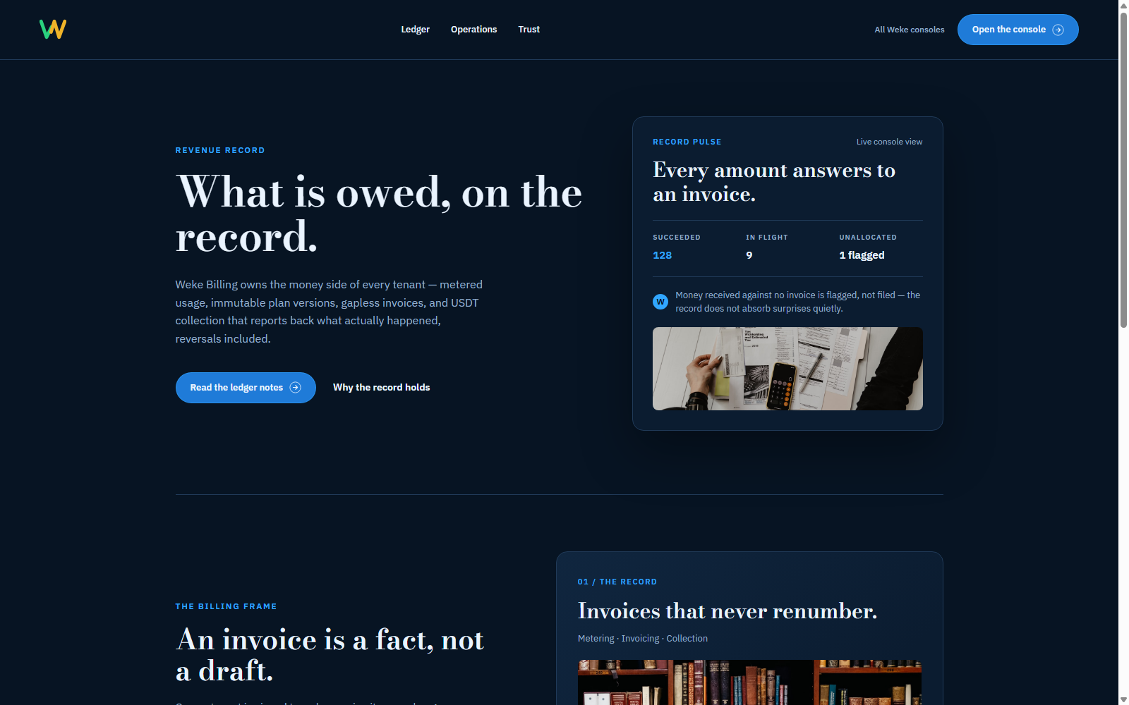 The Weke Billing public site in the shared research-editorial design