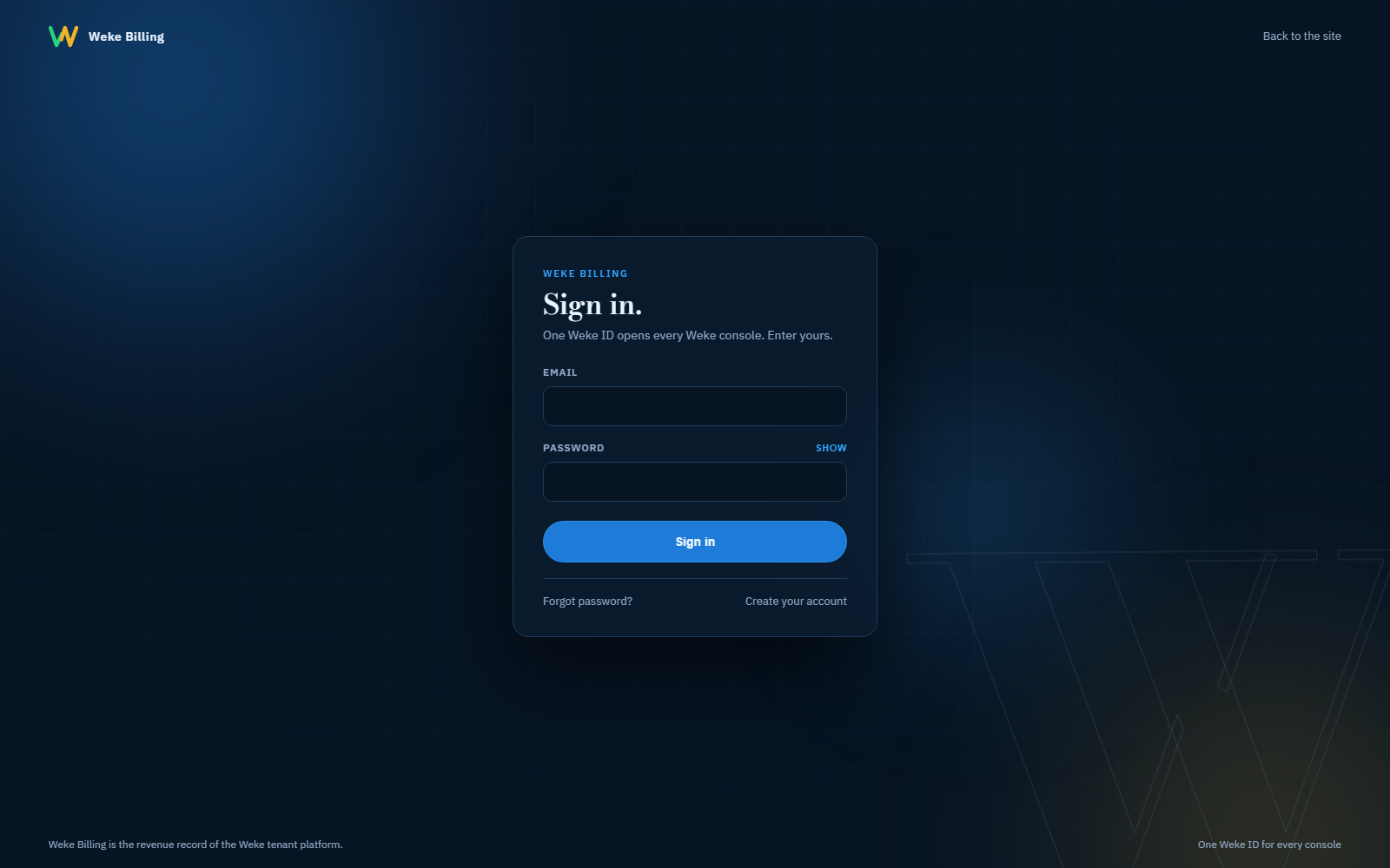The shared Weke sign-in page with aurora and blueprint grid